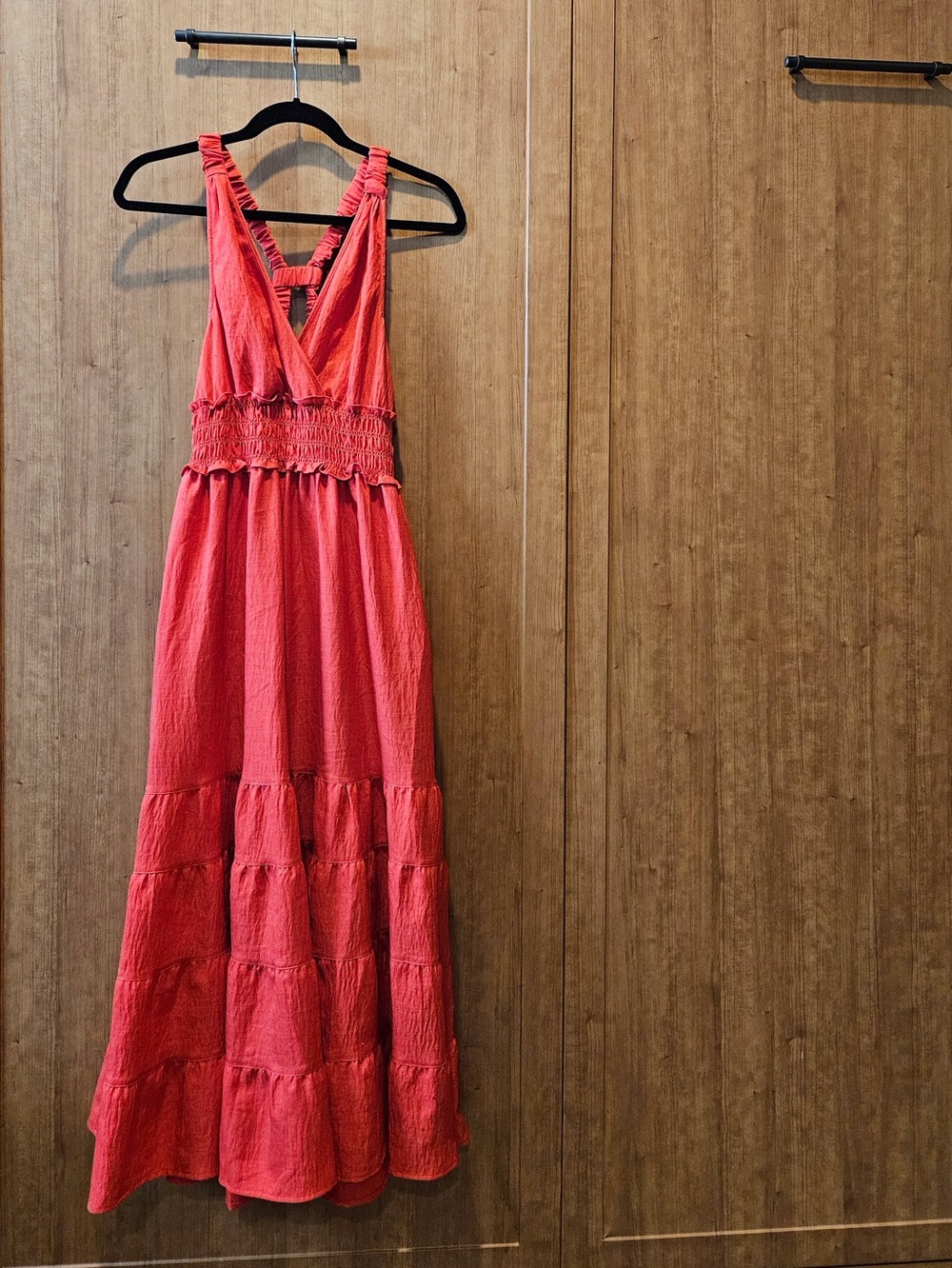 Women's Bright Coral Tiered Maxi Dress - Sleeveless V-Neck